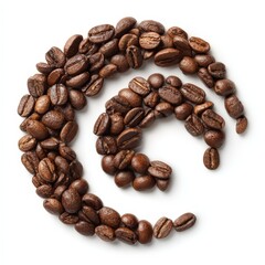 Naklejka premium Aromatic Roasted Coffee Beans in a Swirling Pattern on White Background Perfect for Cafe Menu or Coffee Packaging Design