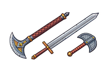Pixel Art Medieval Sword and Axe Set – Retro Game Weapons PNG