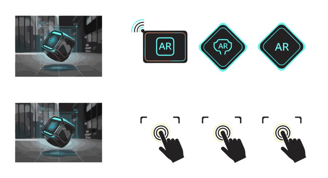 Augmented reality interface showing a floating object with ar icons and touch interactions displayed near it