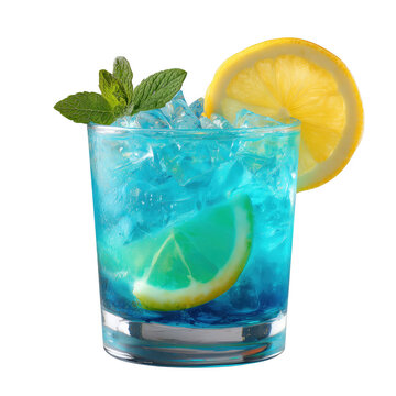 Refreshing blue cocktail garnished with lemon and mint on a transparent background