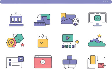 A collection of twelve colorful icons displayed on a light blue background page