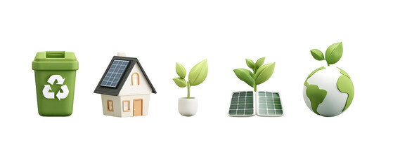 A collection of 3D clay icons representing sustainable and environmentally friendly concepts including a recycling bin solar powered house growing plant solar panels and a green globe