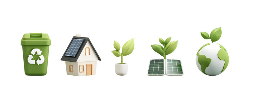 A collection of 3D clay icons representing sustainable and environmentally friendly concepts including a recycling bin solar powered house growing plant solar panels and a green globe