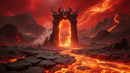 Infernal Gate in the Fire Wastes A front-facing shot of a demonic gate in the center of scorched terrain.