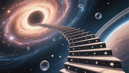 Stairway to the Astral Observatory A tilted perspective of a floating staircase spiraling into space.