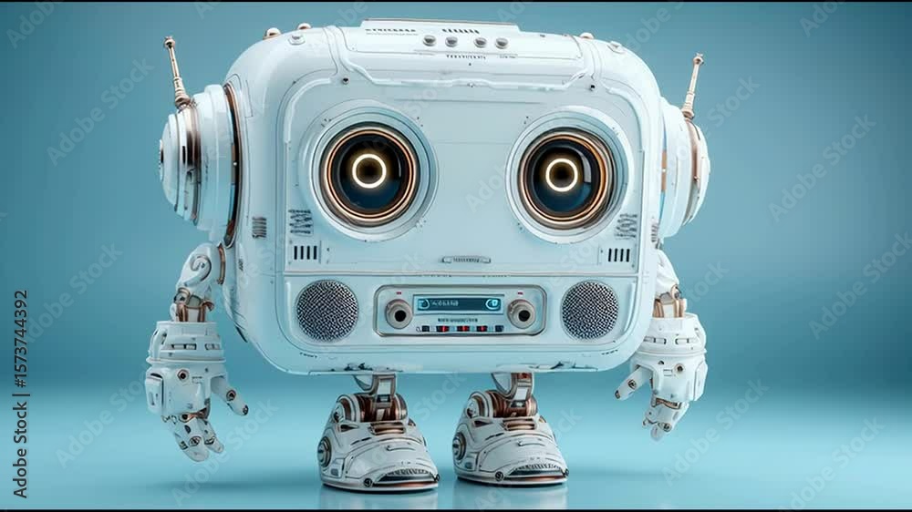Poster robot set against a blue background analyzing data and sentiment in the cryptocurrency market with a