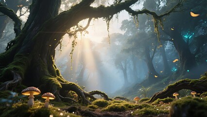 A cinematic low-angle view of an enchanted forest at dawn.