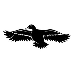 Obraz premium Black silhouette of a duck in flight with wings spread wide