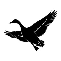 Obraz premium Silhouette of a duck in flight with wings spread wide against a white background