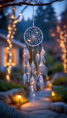 Dreamcatcher hanging among glowing lights