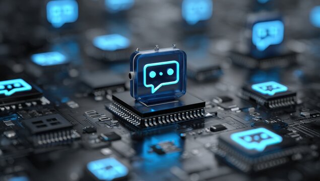 AI Chatbot Communication Concept on a Computer Chip with Neon Blue Speech Bubble Icon
