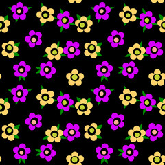 Purple yellow flowers on black background retro