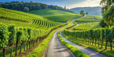Naklejka premium Serpentine vineyard road winding through lush greenery and rows of grapevines