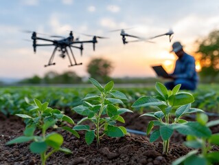 Drones surveying a soybean field