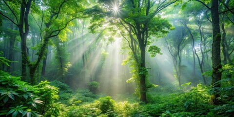 Obraz premium Dense foliage of green trees in a misty forest environment with sunlight filtering through the leaves