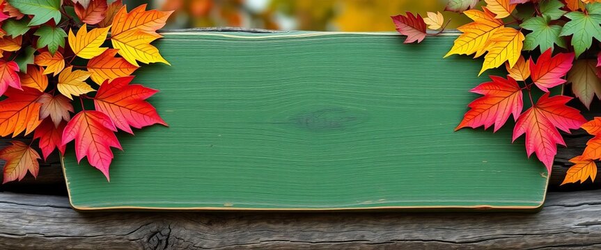 Rustic green wood sign, blank, antique look; fall leaves border on log frame, stock photo, log