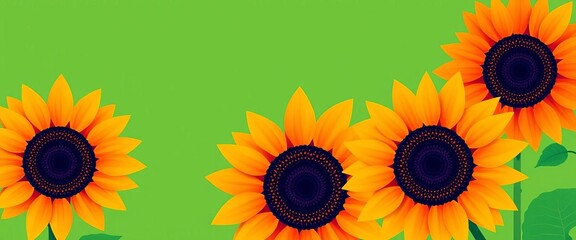 Three geometric sunflowers, retro flat style, green background,  flat design, geometric sunflower