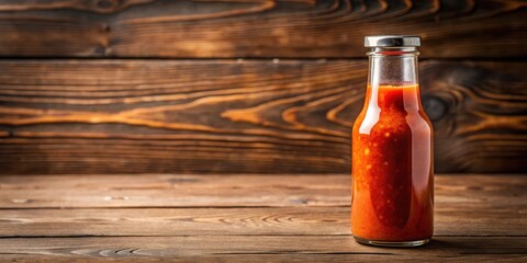 Spicy hot sauce bottle on wooden table
