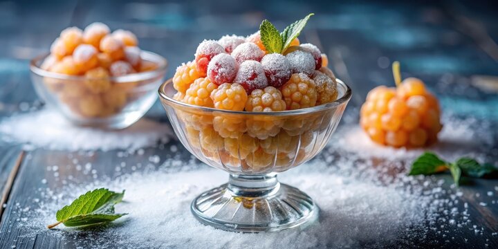 Cloudberry clathrate is delicately served in a crystal glass cup