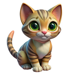 Adorable cartoon tabby kitten with large green eyes sitting patiently isolated on transparent background