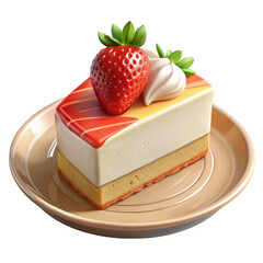 Delicious slice of strawberry cheesecake with whipped cream on a plate isolated on transparent background