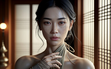 Close-up portrait of slim Korean model with artistic embroidery thread on face and fingers, expressing calm intensity, beauty, and a high-fashion concept
