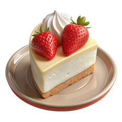 Delicious slice of cheesecake topped with fresh strawberries and whipped cream isolated on transparent background