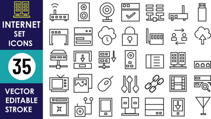 A collection of 35 internet line icons including router, cloud, server, download, upload, firewall, modem, data, lock, signal, website, cable, and connection symbols