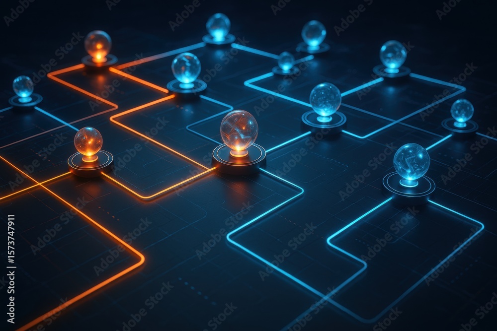 Poster illuminating the digital network: a striking visual of a network of glowing orbs and circuits. illus