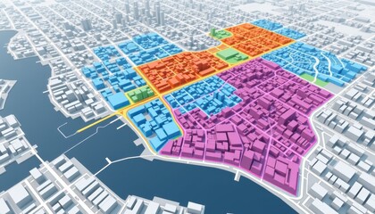 Obraz premium Aerial map view of a city with colorful zoning areas and water features.
