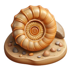 Detailed illustration of a fossilized ammonite shell resting on a sandy shore with pebbles isolated on transparent background