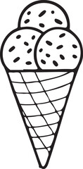 Double Scoop Ice Cream Cone with Chocolate Drizzle in Crisp Waffle Sketch Design, Black and White Style.