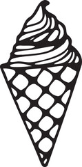 Swirled Ice Cream Cone Sketch with Waffle Texture Representing Summer Sweetness in Monochrome Minimalist Style.