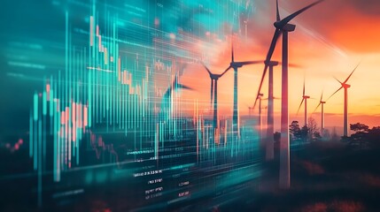 Renewable Energy Concept with Wind Turbines and Digital Financial Graphs at Sunset