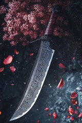 Intricately Designed Sword with Cherry Blossoms and Falling Petals in a Mystical Setting