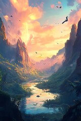 Stunning Sunset Over Serene Valley with Lush Greenery and Majestic Mountains in a Tranquil Natural Landscape