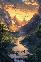 Majestic Mountain Landscape at Sunset with River and Birds Soaring in the Sky, Capturing the Beauty of Nature's Serenity and Grandeur

