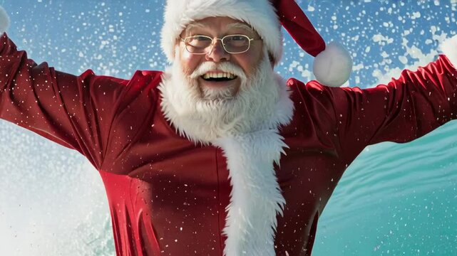 Happy man in santa costume surfing in tropical water, christmas and new year holiday celebration on beach footage.