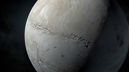 A detailed, full-disk rendering of Enceladus, one of Saturn's icy moons, showcasing its smooth, pristine white surface with prominent parallel linear features and subtle fractures.