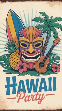 Hawaii Party poster with tiki mask, surfboard, pineapple, ukulele, palm tree and tropical flowers for a summer celebration