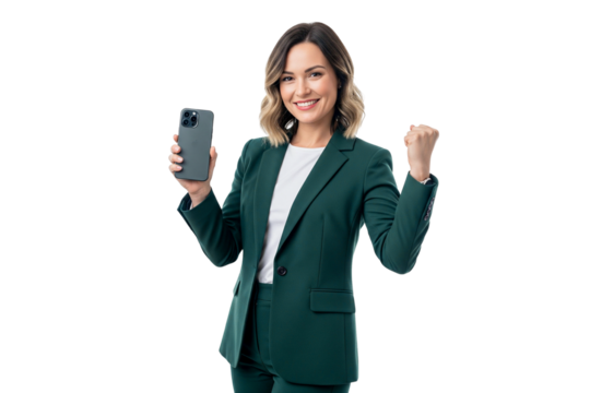 businesswoman holding a mobile phone isolated on white