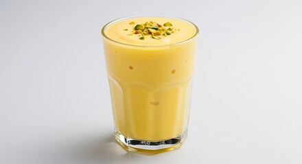 黄金色マンゴーラッシー 滑らか食感 爽やか光 (Ougoniro mango rassi sunaoyaka kankaku sawayakagakari) This translates roughly to: "Golden mango lassi, smooth texture, refreshing light".. AI Generated