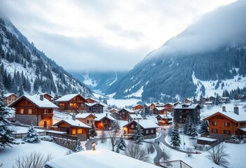 Fototapeta premium Cozy winter village nestled in snowy mountain valley, horizontal landscape , artwork, cartoon