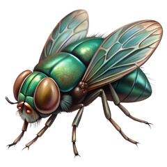 Detailed illustration of a green bottle fly with iridescent wings isolated on transparent background