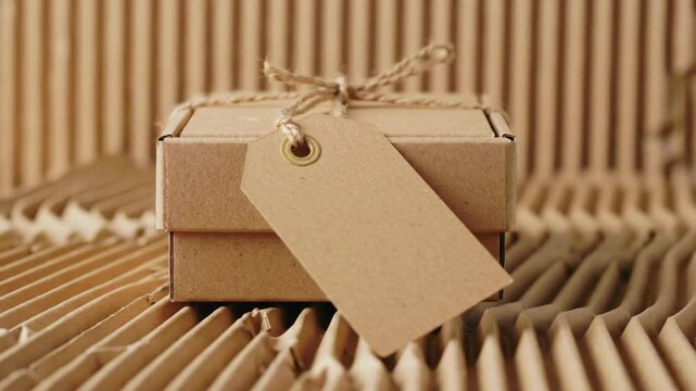 Cardboard box tied with twine, neutral background, tag attached