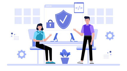 Employees taking online cybersecurity training, flat vector illustration