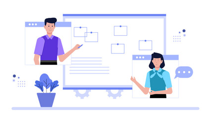 Remote team using Kanban board for workflow, flat vector illustration