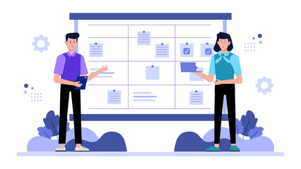 Team collaborating on cloud-based whiteboard, flat vector illustration