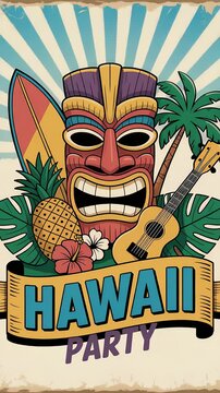 Vibrant hawaiian party celebration animation with tiki mask, ukulele, and tropical elements for summer fun and vacation vibes