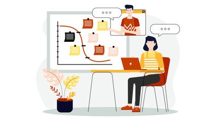 Remote team using Kanban board for workflow, flat vector illustration